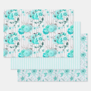 Reeks 3 Coördinerende turquoise Floral en Stripes Inpakpapier Vel