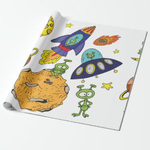 Reeks illustraties van de cartoon over ruimte in h cadeaupapier