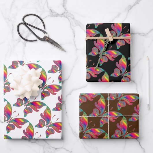 Reeks van 3 regenboogvlinders inpakpapier vel (Voorkant)