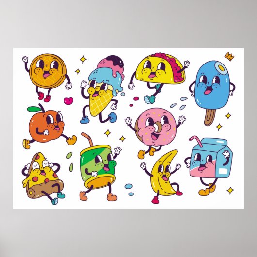 Reeks voedsel en drink in retro-cartoon-stijl illu poster (Voorkant)