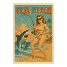 Reel Beach Shark Fishing Pin Up -Retro Coastal Ar