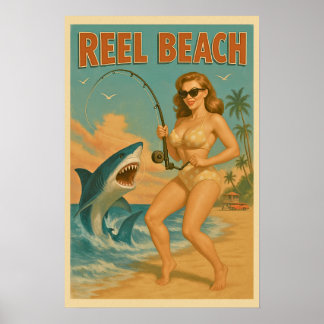 Reel Beach Shark Fishing Pin Up -Retro Coastal Ar Poster