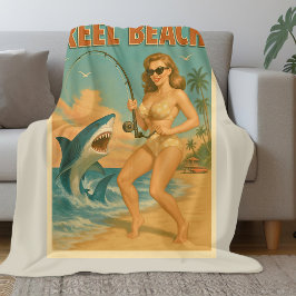 Reel Beach Shark Fishing Pin-Up Retro Coastal Life Fleece Deken