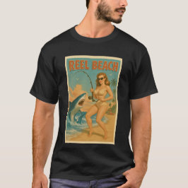 Reel Beach Shark Fishing Pin-Up Retro Coastal Life T-shirt
