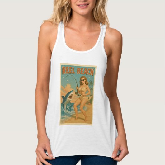 Reel Beach Shark Fishing Pin-Up Retro Coastal Life Tanktop (Voorkant)