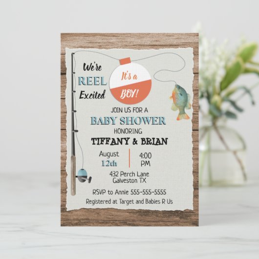 Reel Excited Vissen Boy Baby shower Uitnodiging (Staand voorkant)
