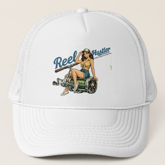 Reel Hustler Retro Fishing Pin-Up | Funny Fish Trucker Pet (Voorkant)
