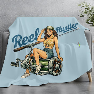 Reel Hustler Retro Vissen Pin-Up Blauw Grappige Vi Fleece Deken