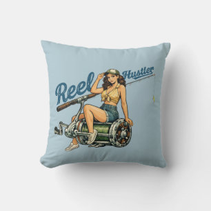 Reel Hustler Retro Vissen Pin-Up Blauw Grappige Vi Kussen