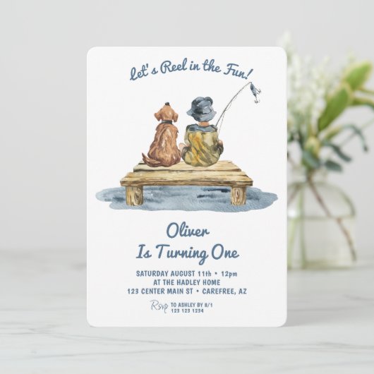 Reel in de leuke Vissende jongen 1e verjaardag Kaart
