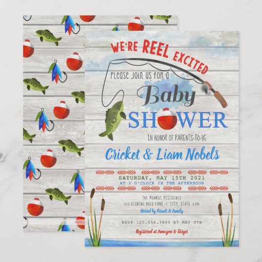 Reel Opgewonden Gevist Baby Boy Shower Uitnodiging (Voorkant / Achterkant)