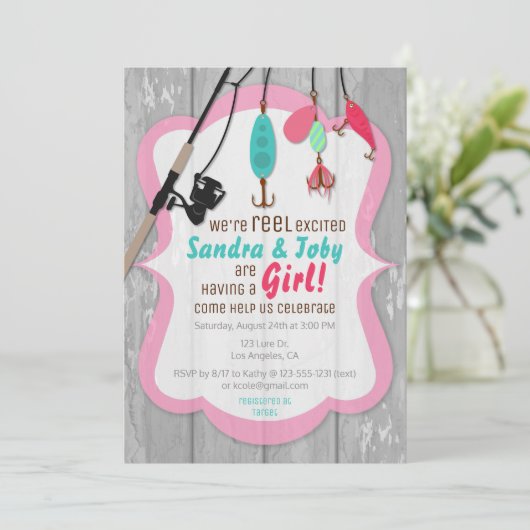 Reel Opgewonden Vissen Roze Baby shower Uitnodigin Kaart (Staand voorkant)