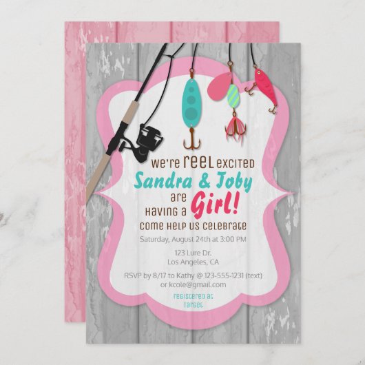 Reel Opgewonden Vissen Roze Baby shower Uitnodigin Kaart (Voorkant / Achterkant)