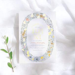 Reële Folie   Cute Oerwoud Safari Boy Baby shower Folie Uitnodiging