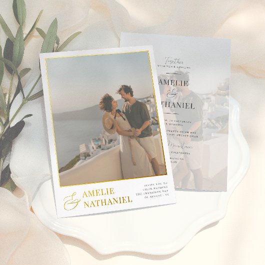 Reële Folie | Elegant 2 Verloving Foto's bruiloft Folie Uitnodiging