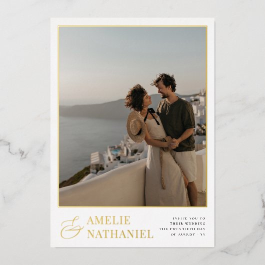 Reële Folie | Elegant 2 Verloving Foto's bruiloft Folie Uitnodiging (Voorkant)