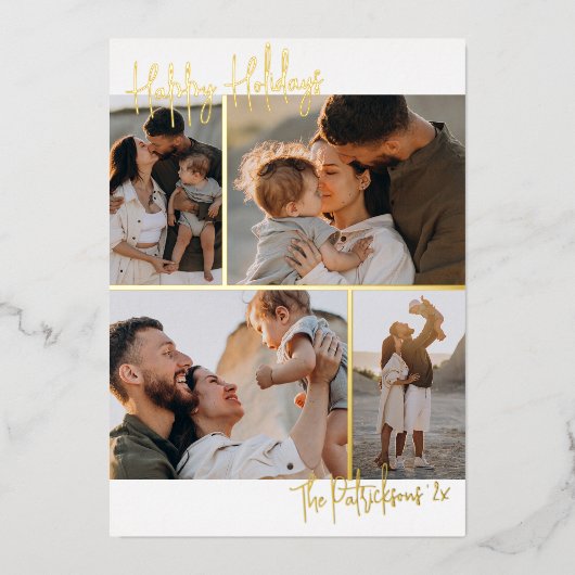 Reële Folie | Handschrift 4 Multi-Photo Kerstmis Folie Feestdagenkaart (Voorkant)