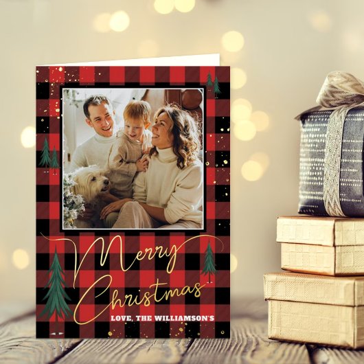 Reële foto van de kerstboomboom Rustic Pset Folie Wenskaart