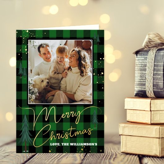 Reële foto van de kerstboomboom Rustic Pset Folie Wenskaart