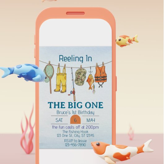 Reeling The Big One, Fishing Line 1st Birthday Kaart