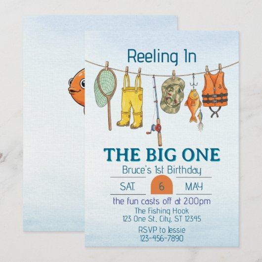 Reeling The Big One, Fishing Line 1st Birthday Kaart (Voorkant / Achterkant)