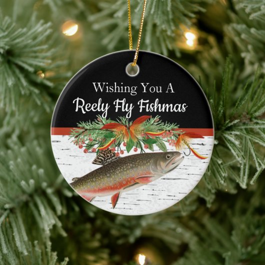 Reely Fly Fishmas Vist kersthart Orname Keramisch Ornament (Boom)