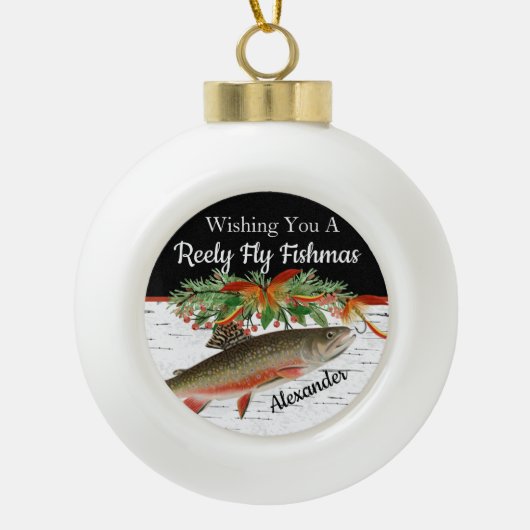 Reely Fly Fishmas Vist kersthart Orname Keramische Bal Ornament (Voorkant)