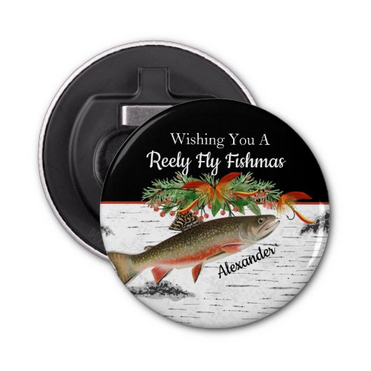 Reely Fly Fishmas Vist Kerstmis Button Flesopener (Voorkant)