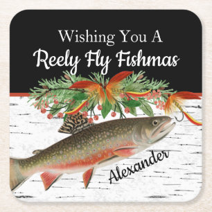 Reely Fly Fishmas Vist Kerstmis leeg Klein Kartonnen Onderzetters