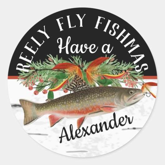 Reely Fly Fishmas Vist Kerstmis Ronde Sticker (Voorkant)