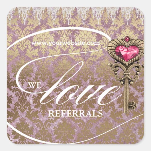 Referals Love Referrals Pink Gold Skeleton Key Dam Vierkante Sticker (Voorkant)