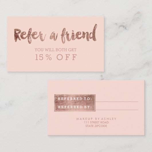 Referentiekaart modern roos goud typografie blush aanbevelingskaartje (Voorkant / Achterkant)