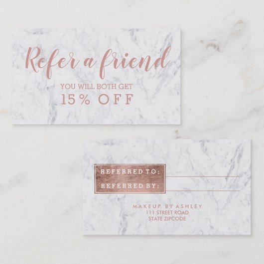 Referentiekaart moderne roos goudtipografie marmer aanbevelingskaartje (Voorkant / Achterkant)