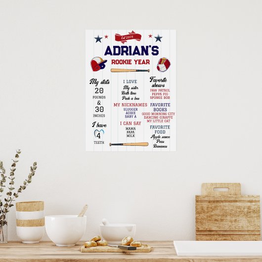 Referie Jaar Stats 1st Birthday Milestone Baseball Poster (Keuken)