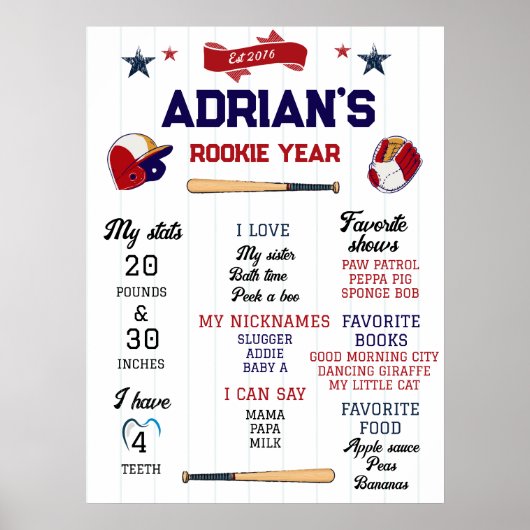 Referie Jaar Stats 1st Birthday Milestone Baseball Poster (Voorkant)