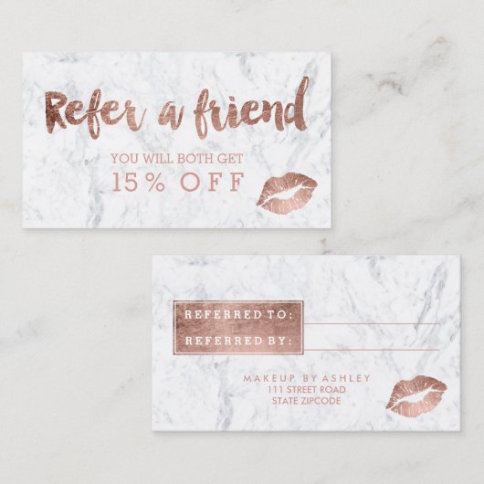 Referral-kaart lippen roos gouden tipografie aanbevelingskaartje (Voorkant / Achterkant)