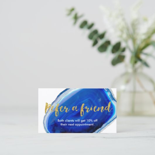 Referral Kaart Modern Blue Agaat Stone Gold Script (Staand voorkant)