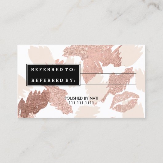 Referral-kaartglazen typografie lippen roos goudbo aanbevelingskaartje (Achterkant)