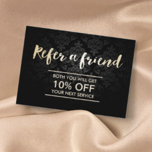 Referral kaartje   Elegant Dark Damask Gold Script