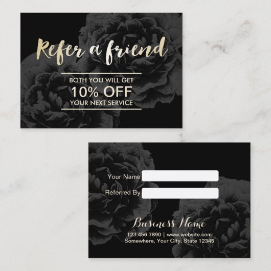 Referral kaartje | Elegant Dark Floral Gold Script (Voorkant / Achterkant)
