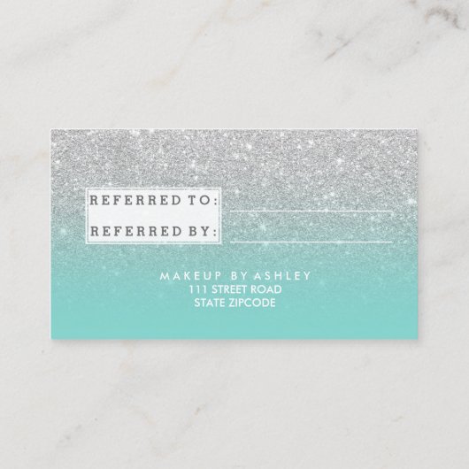Referral-kaarttypografie zilverglitterturquoise aanbevelingskaartje (Achterkant)