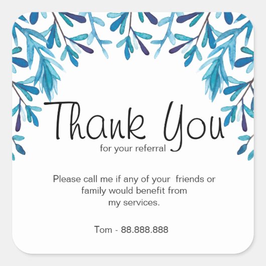 Referral van de Estate Agent Dank u blauw Vierkante Sticker (Voorkant)