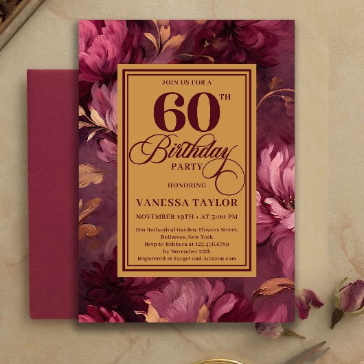 Refined 60th Birthday Burgundy Blush Floral Invite Kaart