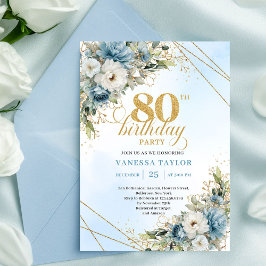 Refined 80th Birthday Invitation Boho Blue White Kaart