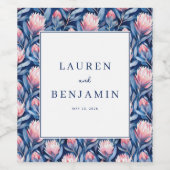 Refined Blue and Pink Floral Pattern Wijn Etiket (Enkel label)