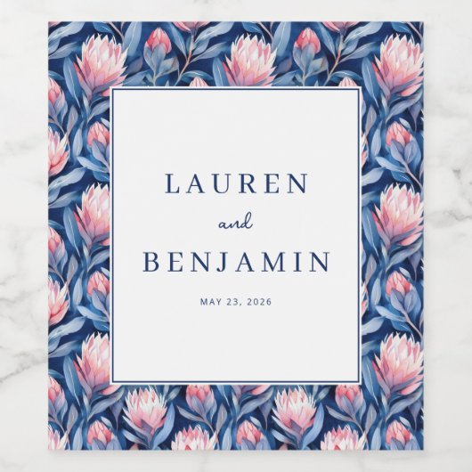 Refined Blue and Pink Floral Pattern Wijn Etiket (Enkel label)