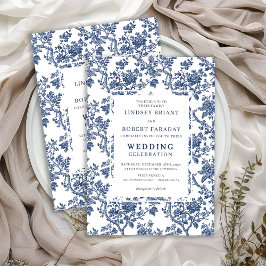 Refined Blue Floral Toile Classic Wedding Invite Kaart