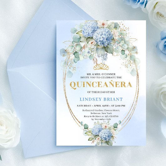 Refined Blue Flowers Gold Quinceañera Invitation Kaart