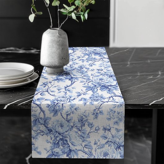 Refined Blue French Toile Roses Floral Table Runne Lange Tafelloper