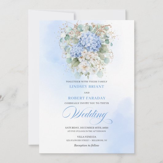 Refined Blue Hydrangea Floral Gold Wedding Invite Kaart (Voorkant)